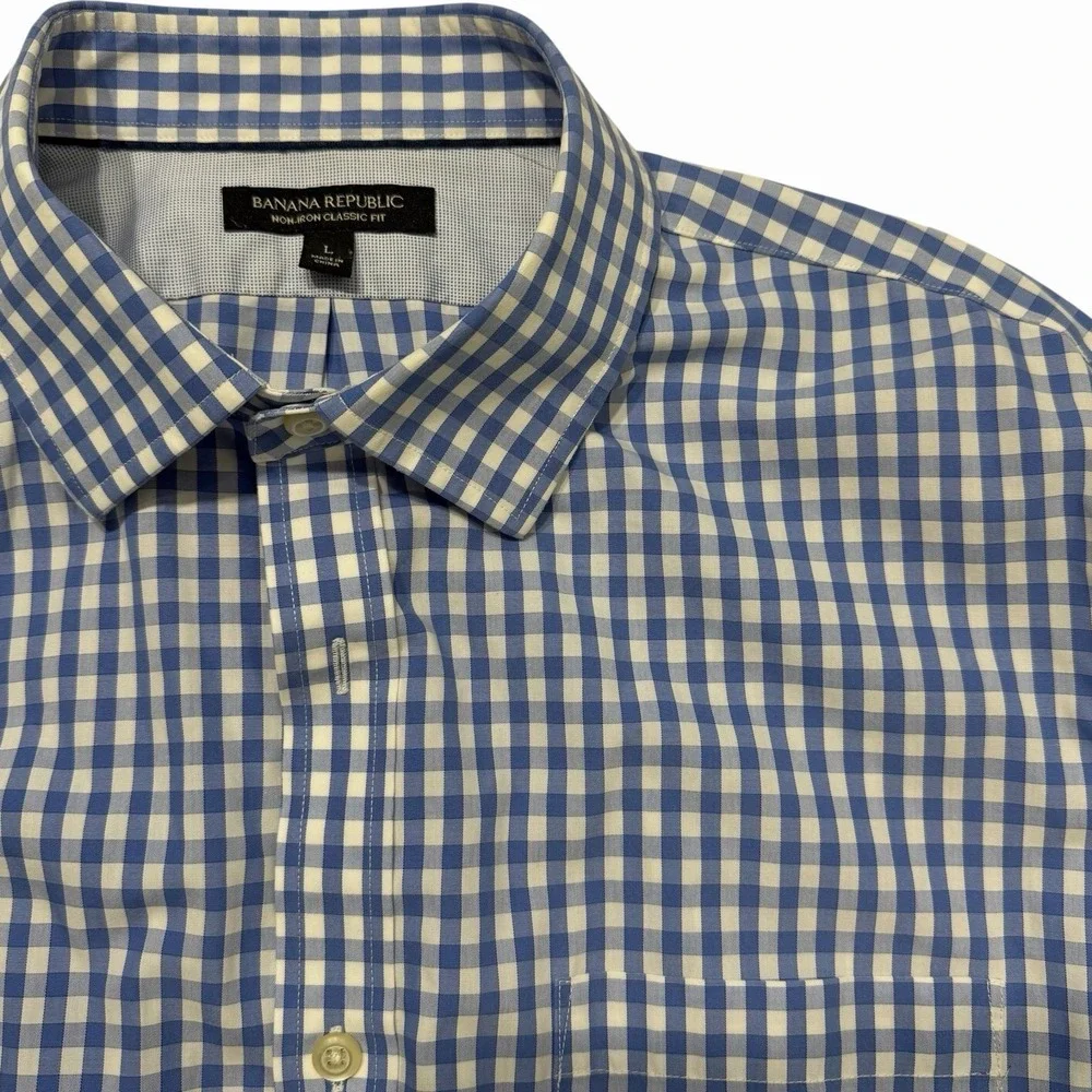 Banana Republic L Non Iron‎ Classic Fit Blue Gingham Dress Shirt